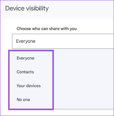 select-device-visibility-android-nearby-share-on-windows كيفية استخدام ميزة NEARBY SHARE من Android على Windows