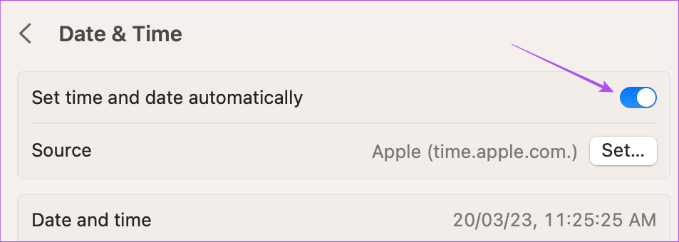 set-date-and-time-automatically-mac-1 أفضل 6 إصلاحات لعدم عمل الخلفية الديناميكية في الوضع المظلم على Mac