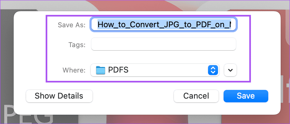 set-pdf-file-name-and-location-preview-mac- كيفية تحويل ملفات JPG إلى PDF على نظام Mac