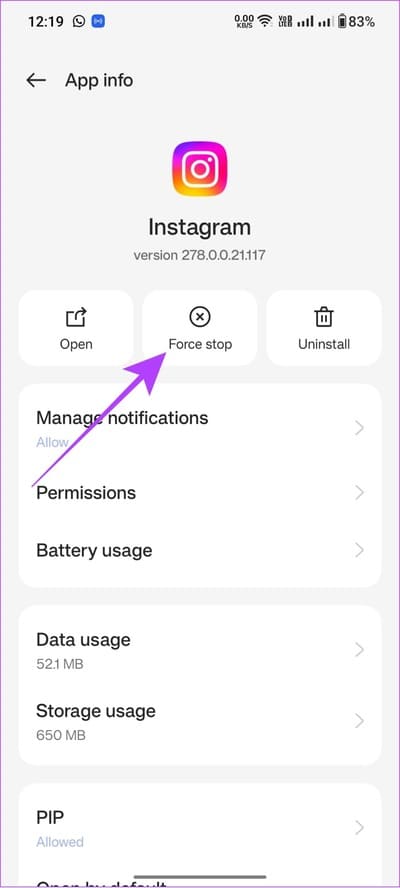 tap-force-stop-1 10 طرق لإصلاح عدم ظهور تسميات عناوين الصور التوضيحية على تطبيق Instagram