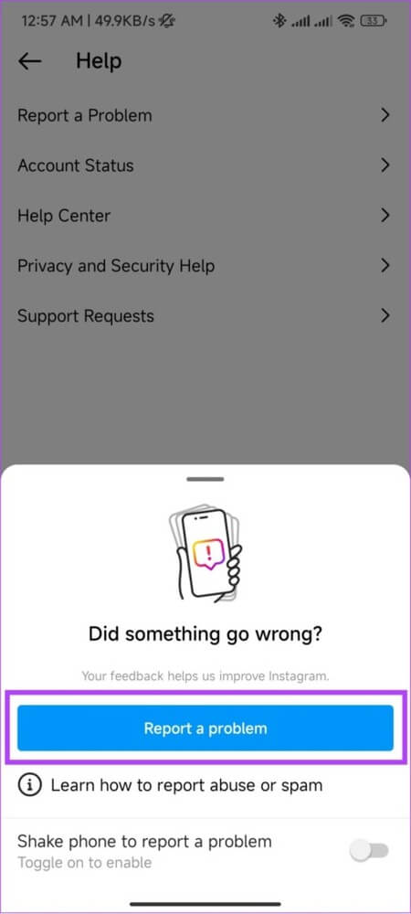 tap-report-a-problem-if-you-have-disabled-shake-phone-to-report-a-problem-461x1024-1 كيفية الاتصال بـ Instagram للحصول على الدعم أو الإبلاغ عن مشكلة