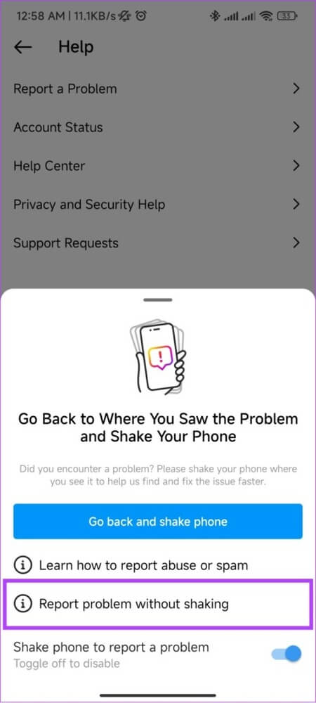 tap-report-problem-without-shaking-461x1024-1 كيفية الاتصال بـ Instagram للحصول على الدعم أو الإبلاغ عن مشكلة