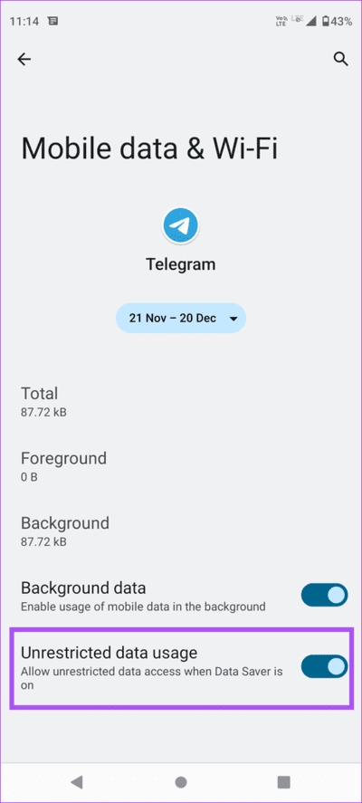 unrestricted-data-usage-telegram-android-462x1024-1 أفضل 7 إصلاحات لعدم تحديث موقع الجغرافي المباشر Telegram Live على iPhone و Android