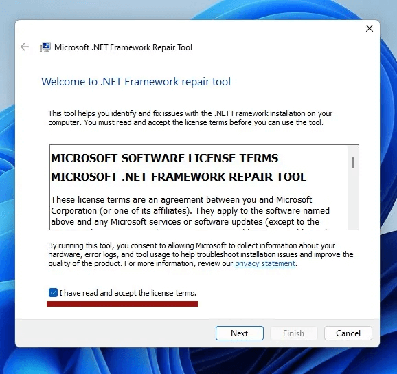 welcome-to-.net-framework-repair-tool.jpg كيفية إصلاح خطأ "حدث استثناء غير معالج في تطبيقك" على Windows