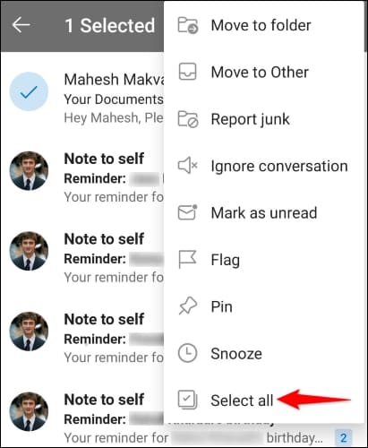 6-outlook-mobile-select-all-emails كيفية وضع علامة كمقروءة على جميع رسائل البريد الإلكتروني في Outlook