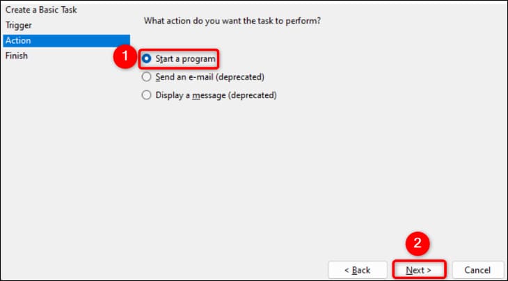 6-task-action-task-scheduler كيفية فتح Sticky Notes عند بدء التشغيل في Windows 11