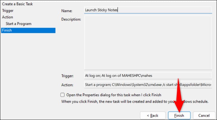 8-finish-task-task-scheduler كيفية فتح Sticky Notes عند بدء التشغيل في Windows 11
