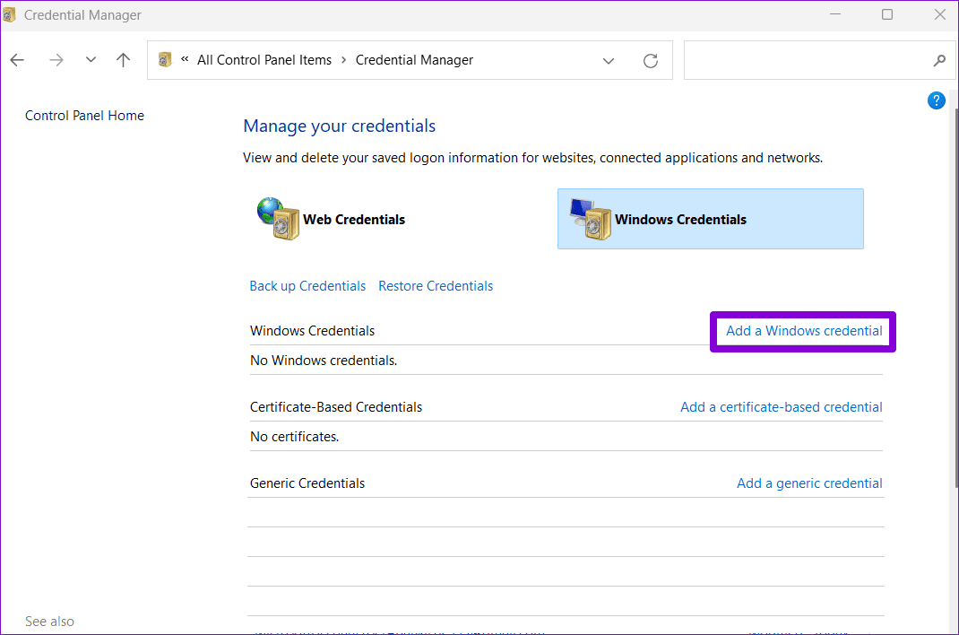 Add-a-Windows-Credential-1 كيفية الوصول إلى إدارة بيانات الاعتماد واستخدامه على Windows 10 و Windows 11