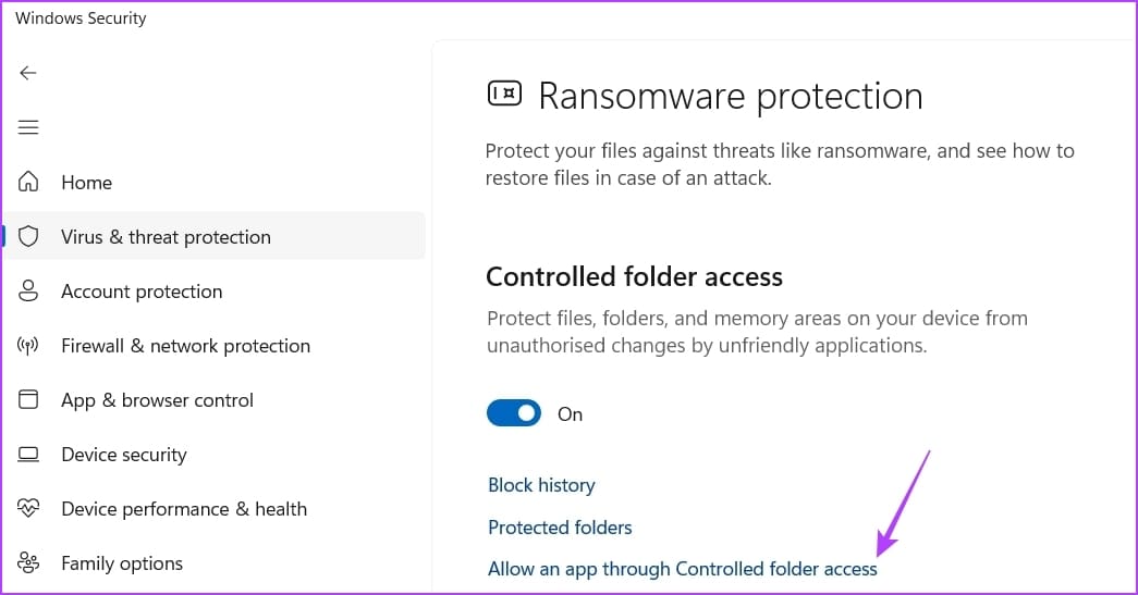 Allow-an-app-through-Controlled-folder-access-2 أفضل 5 طرق للإصلاح مشكلة تسجيل الدخول إلى OneDrive على Windows 11