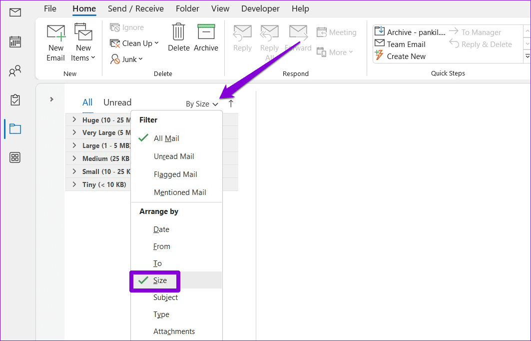 Arrange-Emails-by-Size-in-Outlook أفضل 5 إصلاحات لخطأ وصل ملف بيانات Outlook إلى الحد الأقصى للحجم في Windows