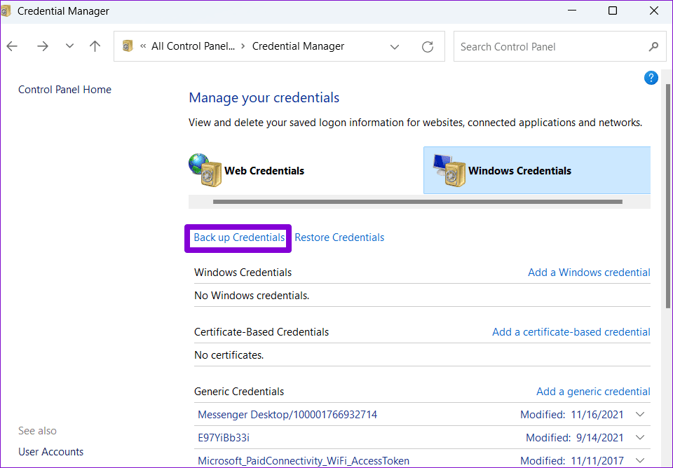 Backup-Credentials-on-Windows-Credential-Manager كيفية الوصول إلى إدارة بيانات الاعتماد واستخدامه على Windows 10 و Windows 11