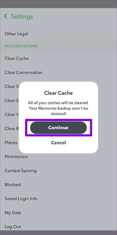 Clear-Snapchat-Cache-2-512x1024-1 أهم 7 إصلاحات لعدم السماح بتصدير لقطات Snaps على Snapchat إلى الهاتف