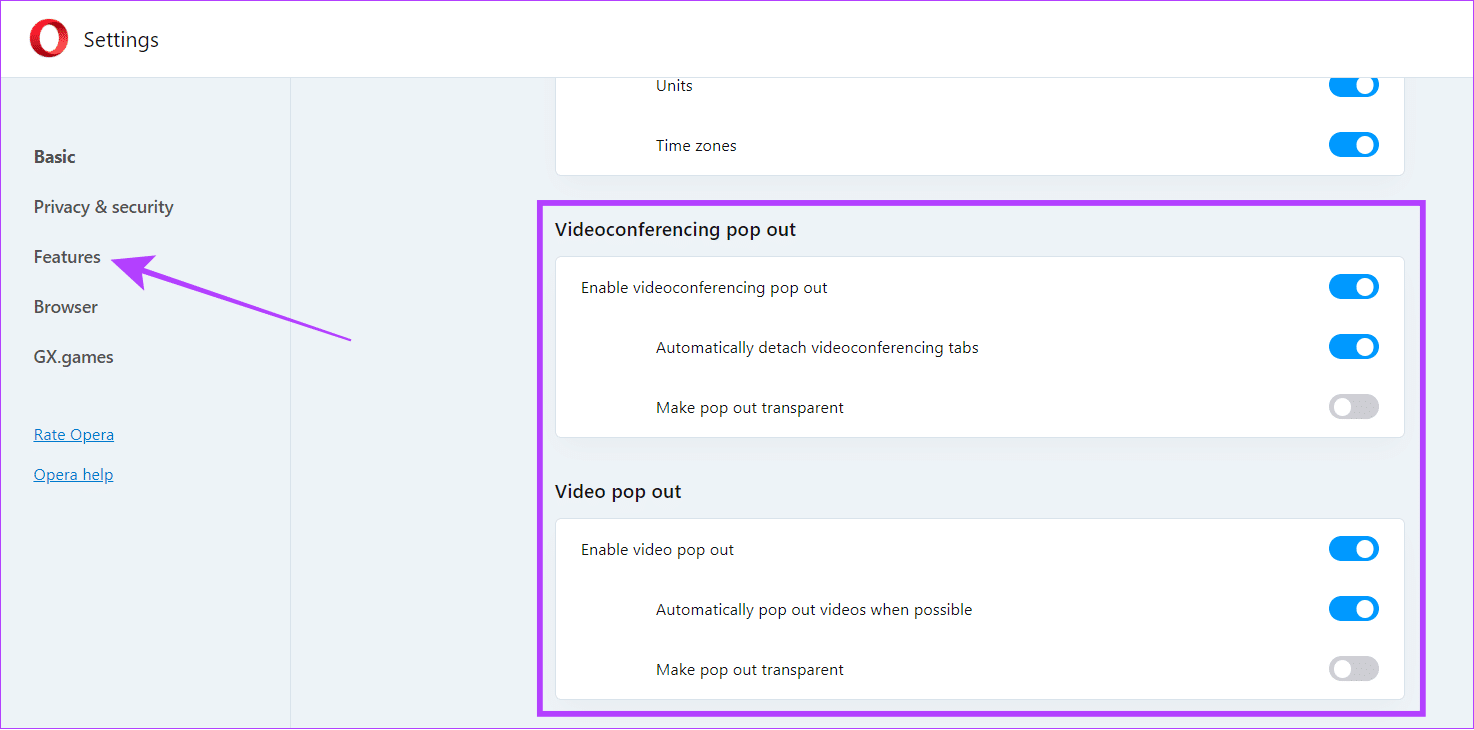 Click-features-and-scroll-down-to-video-conferencing-and-video-pop-out كيفية السماح بالنوافذ المنبثقة وعمليات إعادة التوجيه أو حظرها على Opera