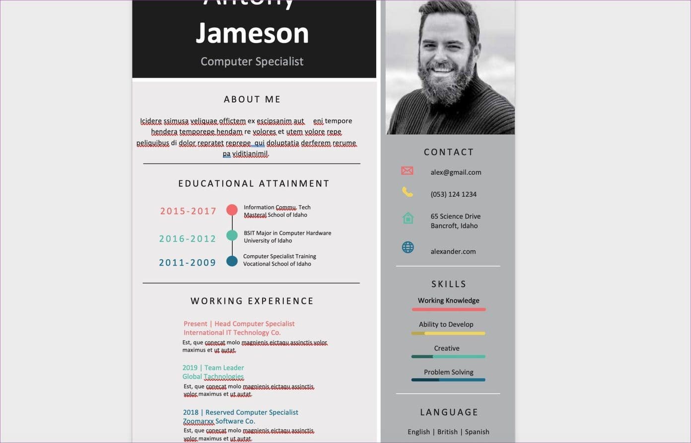Colorful-Resume_4d470f76dc99e18ad75087b1b8410ea9 أفضل القوالب لإنشاء سيرة ذاتية على Microsoft Word