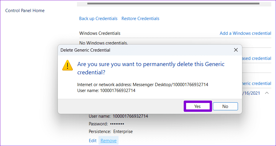 Confirm-Remove-Account-from-Credential-Manager كيفية الوصول إلى إدارة بيانات الاعتماد واستخدامه على Windows 10 و Windows 11