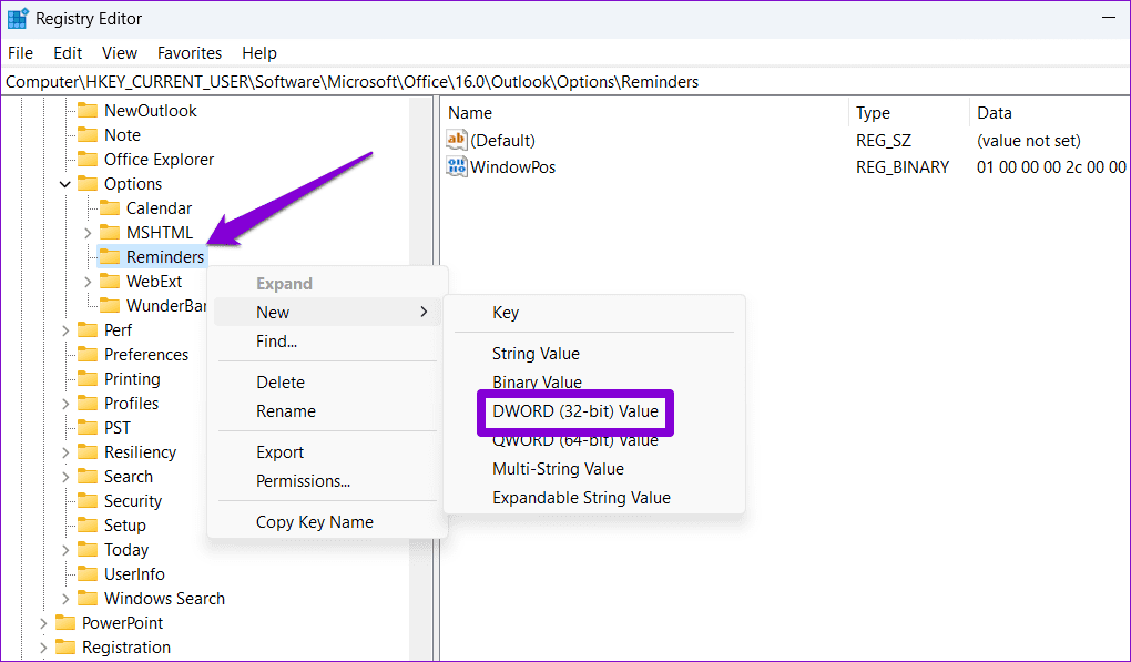 Create-New-DWORD-4 أفضل 7 طرق لإصلاح عدم ظهور تذكيرات Outlook في Windows