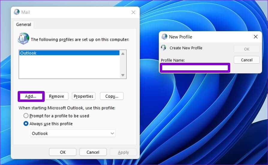 Create-New-Profile-for-Outlook-1 أفضل 7 طرق لإصلاح عدم ظهور تذكيرات Outlook في Windows