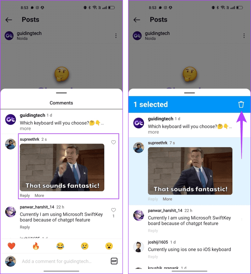 Delete-GIF كيف تعلق بصورة GIF على منشورات Instagram