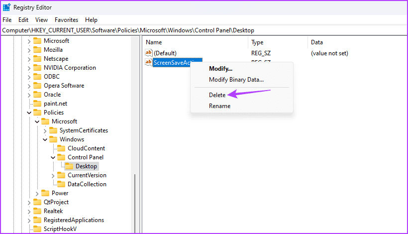 Delete-option أفضل 5 طرق لإصلاح عدم عمل إعدادات شاشة التوقف وباللون الرمادي في Windows 11