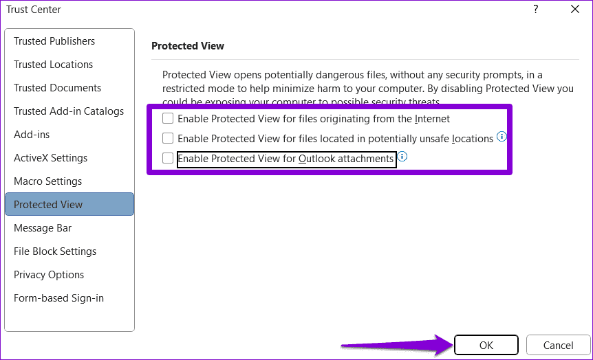 Disable-Trust-Center-Settings-in-Word-1 أفضل 6 طرق لإصلاح خطأ عثر Word على محتوى غير قابل للقراءة في Windows