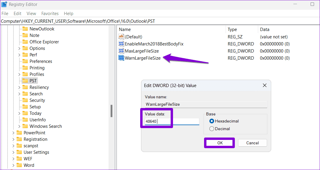 Edit-WarnLargeFileSize-DWORD أفضل 5 إصلاحات لخطأ وصل ملف بيانات Outlook إلى الحد الأقصى للحجم في Windows