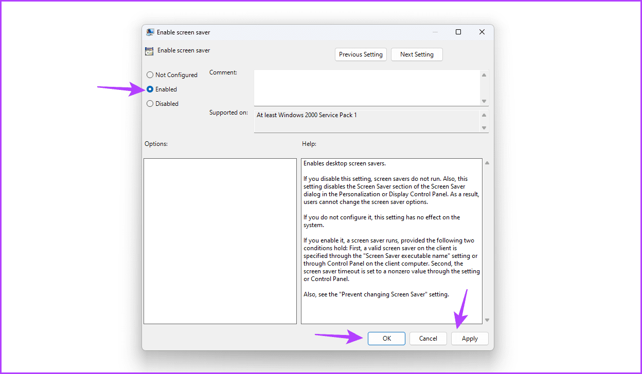 Enabled-option-3 أفضل 5 طرق لإصلاح عدم عمل إعدادات شاشة التوقف وباللون الرمادي في Windows 11