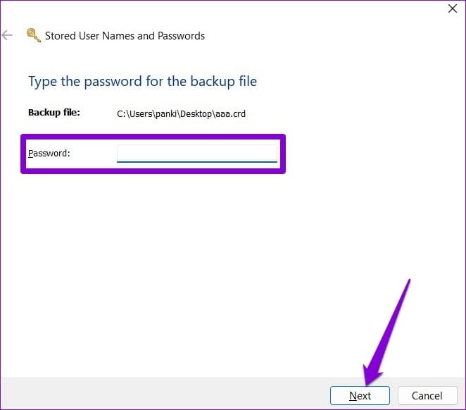 Enter-Passwrod-for-Backup-File كيفية الوصول إلى إدارة بيانات الاعتماد واستخدامه على Windows 10 و Windows 11