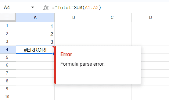 Error-example-2 استكشاف أخطاء تحليل الصيغة في Google Sheets وإصلاحها