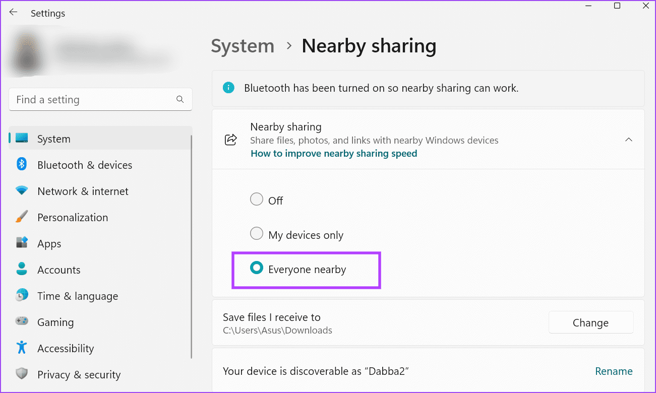Examine-Nearby-Sharing-Settings-2 أفضل 8 طرق لإصلاح عدم عمل المشاركة القريبة Nearby Sharing على Windows 11