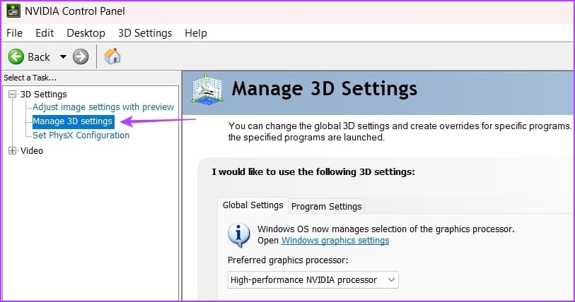 Manage-3D-settings أفضل 6 طرق لإصلاح ظهور الشاشة السوداء عند الضغط على Alt + Tab في Windows