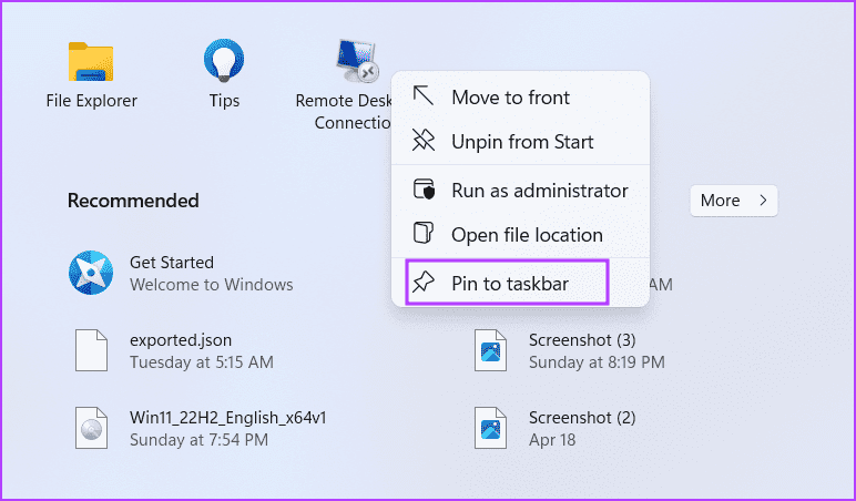 Open-Remote-Desktop-Connection-Tool-Using-Pinned-Shortcut-2 8 طرق سريعة لفتح أداة الاتصال بسطح المكتب البعيد في Windows 11