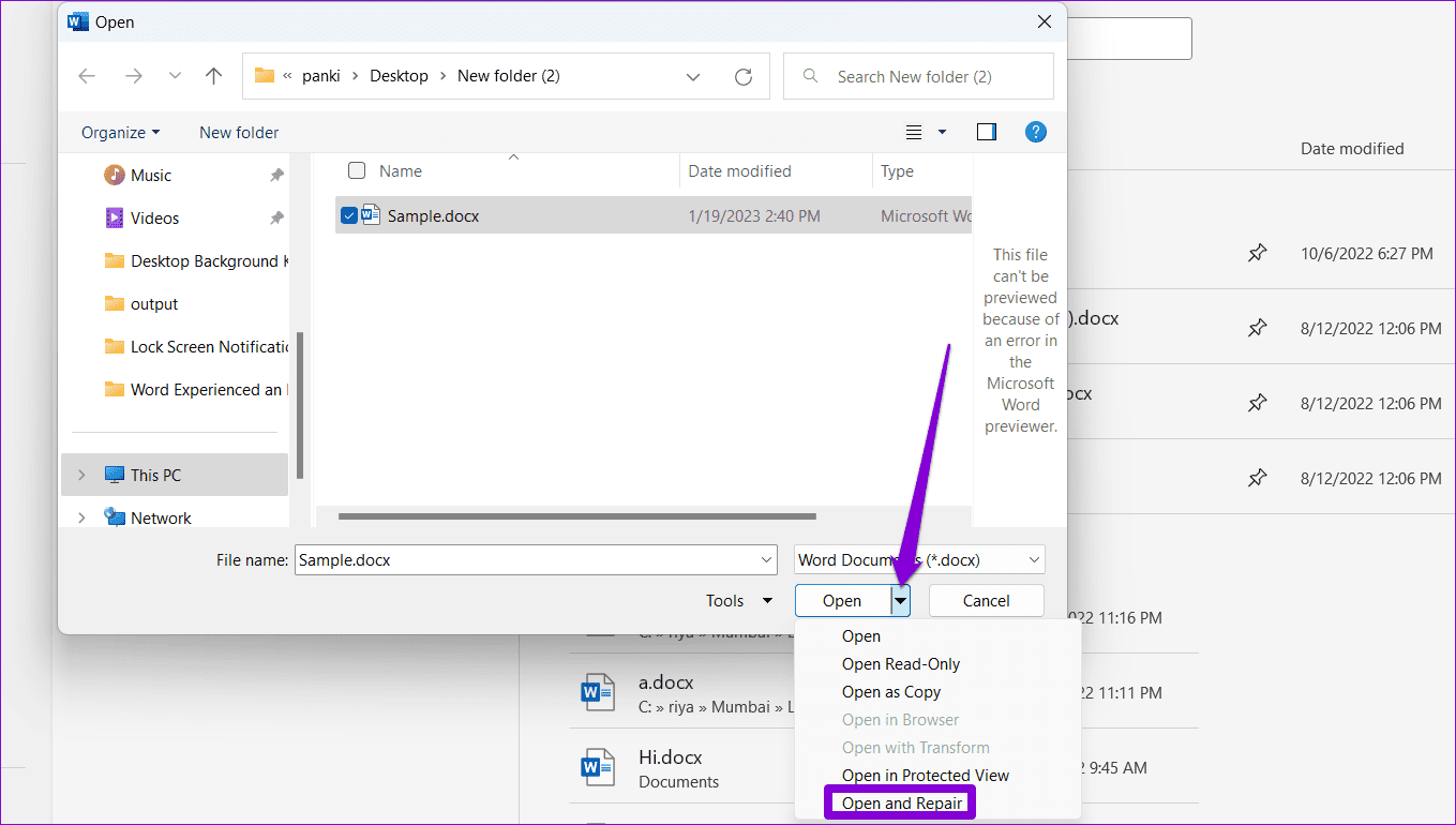 Open-and-Repair-File-in-Word أفضل 6 طرق لإصلاح خطأ عثر Word على محتوى غير قابل للقراءة في Windows