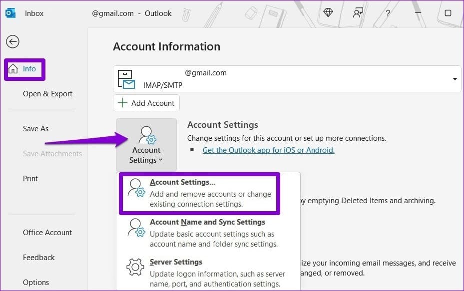 Outlook-Account-Settings-1 أفضل 5 إصلاحات لخطأ وصل ملف بيانات Outlook إلى الحد الأقصى للحجم في Windows