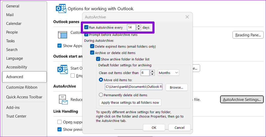 Outlook-AutoArchive-Settings أفضل 5 إصلاحات لخطأ وصل ملف بيانات Outlook إلى الحد الأقصى للحجم في Windows