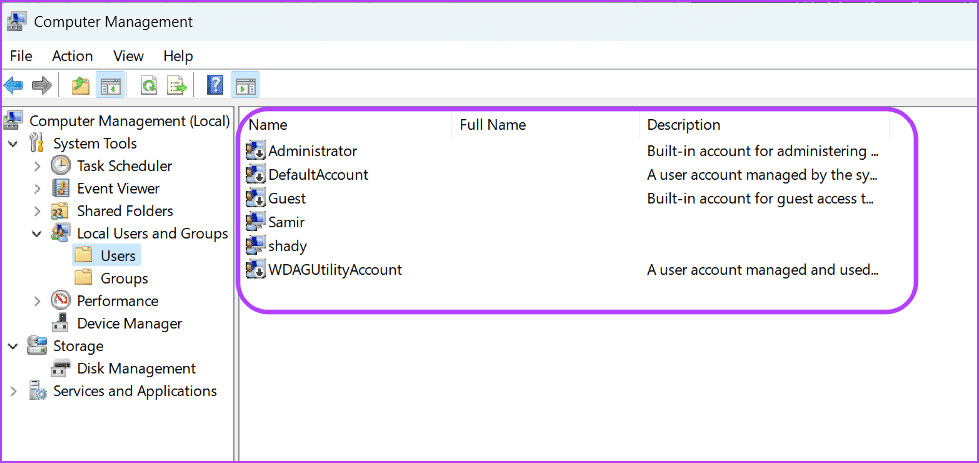 Profile-list-in-Computer-Management-Tool 6 طرق سريعة لعرض قائمة بجميع حسابات المستخدمين على Windows 11