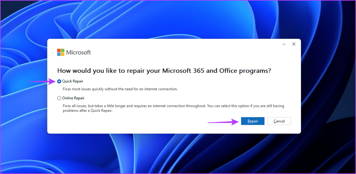 Quick-Repair أفضل 7 طرق لإصلاح مشكلة Microsoft Office عالق عند تجهيز الأشياء في Windows 11