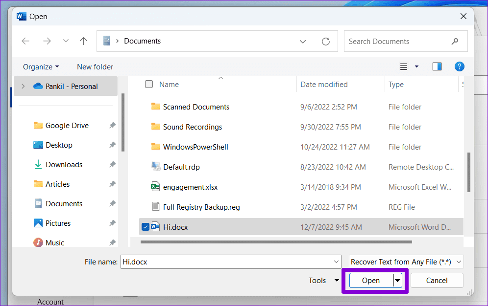 Recover-Text-From-a-Word-Document أفضل 6 طرق لإصلاح خطأ عثر Word على محتوى غير قابل للقراءة في Windows