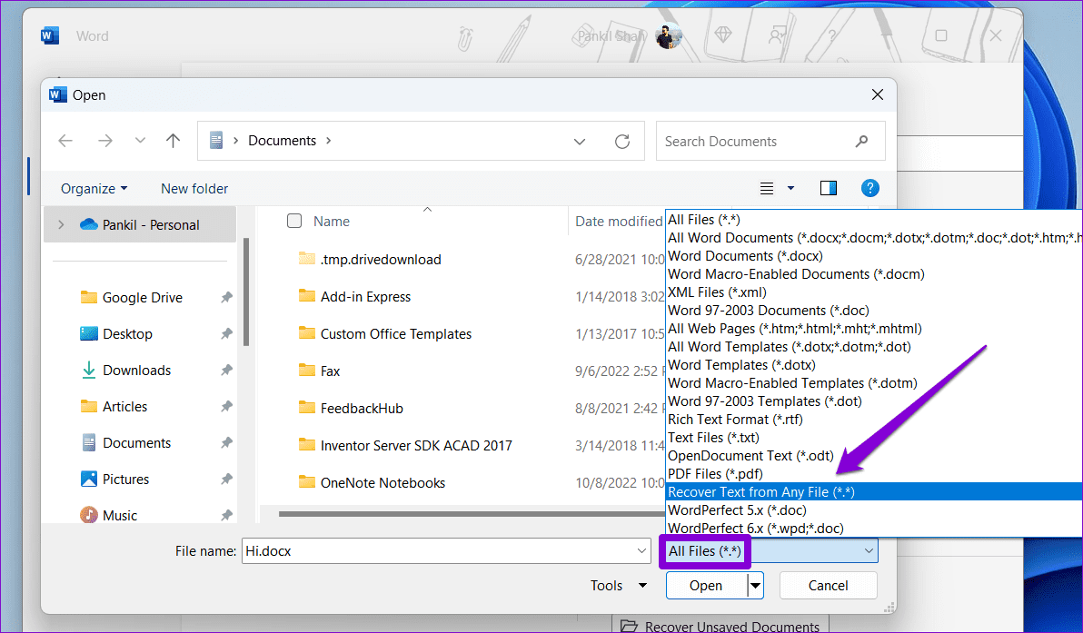 Recover-Text-From-a-Word-File أفضل 6 طرق لإصلاح خطأ عثر Word على محتوى غير قابل للقراءة في Windows