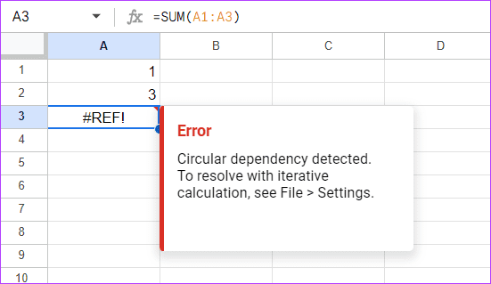 Reference-error-using-circular-dependency استكشاف أخطاء تحليل الصيغة في Google Sheets وإصلاحها