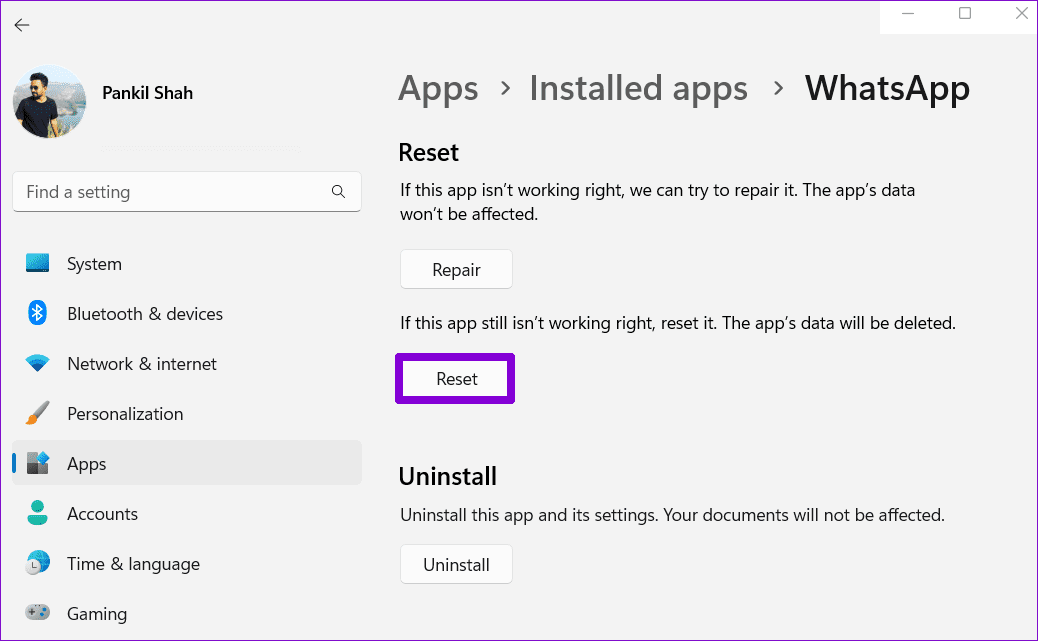 Reset-WhatsApp-on-Windows-11 أفضل 5 طرق لإصلاح تسجيل الخروج المستمر لتطبيق WhatsApp سطح المكتب على Windows