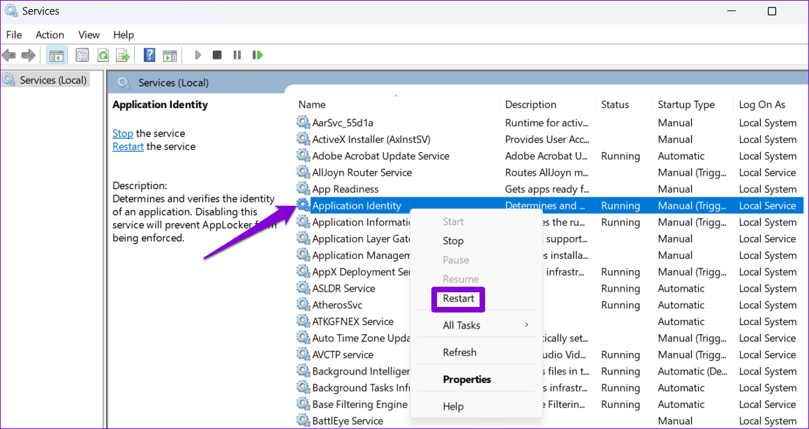 Restart-Application-Identity-Service-on-Windows أفضل 8 إصلاحات لخطأ لن يعمل هذا التطبيق على جهازك في Microsoft Store