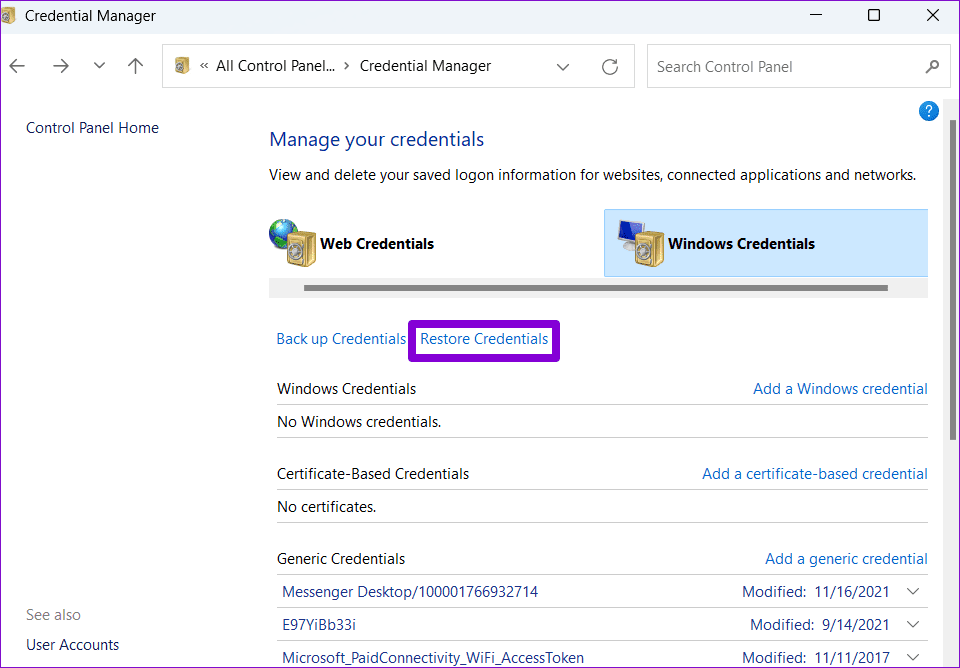 Restore-Credentials-on-Windows-Credential-Manager كيفية الوصول إلى إدارة بيانات الاعتماد واستخدامه على Windows 10 و Windows 11