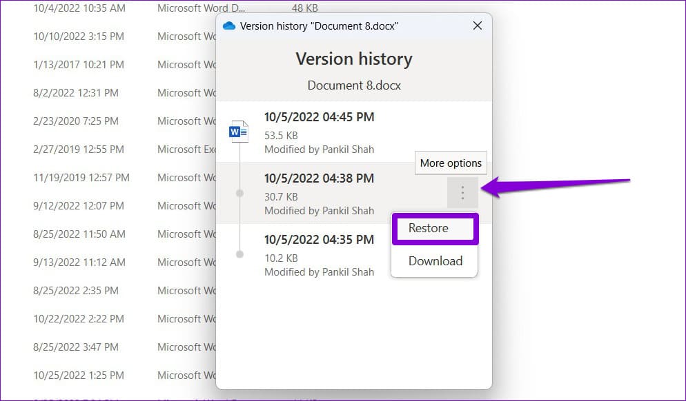 Restore-a-Previous-Version-of-Word-File أفضل 6 طرق لإصلاح خطأ عثر Word على محتوى غير قابل للقراءة في Windows