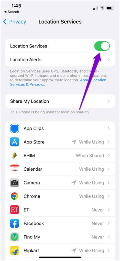 Toggle-Location-Services-on-iPhone-1 أفضل 5 إصلاحات لعدم عمل الوضع الليلي على Instagram على iPhone