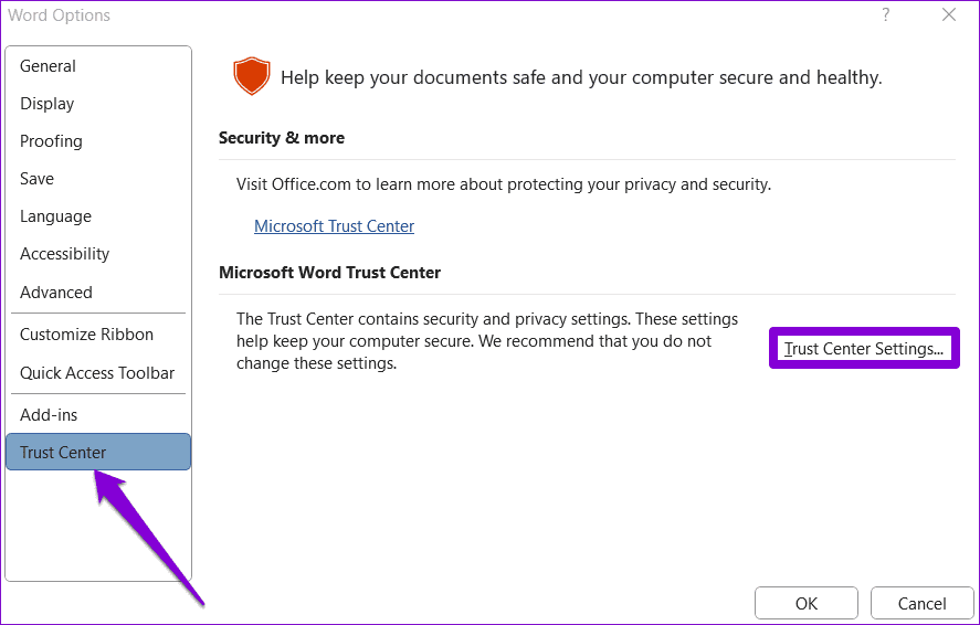 Trust-Center-Settings-in-Word-1 أفضل 6 طرق لإصلاح خطأ عثر Word على محتوى غير قابل للقراءة في Windows