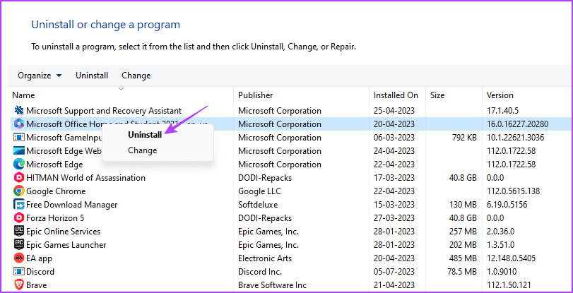 Uninstall-option أفضل 7 طرق لإصلاح مشكلة Microsoft Office عالق عند تجهيز الأشياء في Windows 11