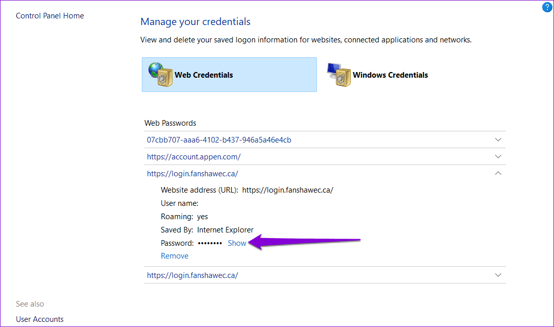 View-Saved-Passwords-in-Credential-Manager-1 كيفية الوصول إلى إدارة بيانات الاعتماد واستخدامه على Windows 10 و Windows 11