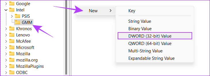 choose-GMM-and-create-a-new-key 4 طرق لزيادة ذاكرة الوصول العشوائي للفيديو (VRAM) في Windows