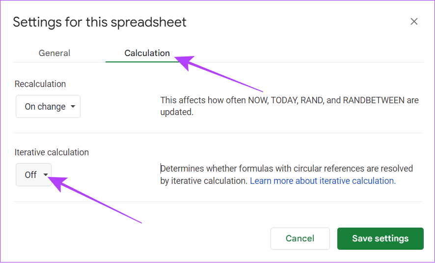 choose-calculation-and-open-the-option-under-iterative-calculation استكشاف أخطاء تحليل الصيغة في Google Sheets وإصلاحها