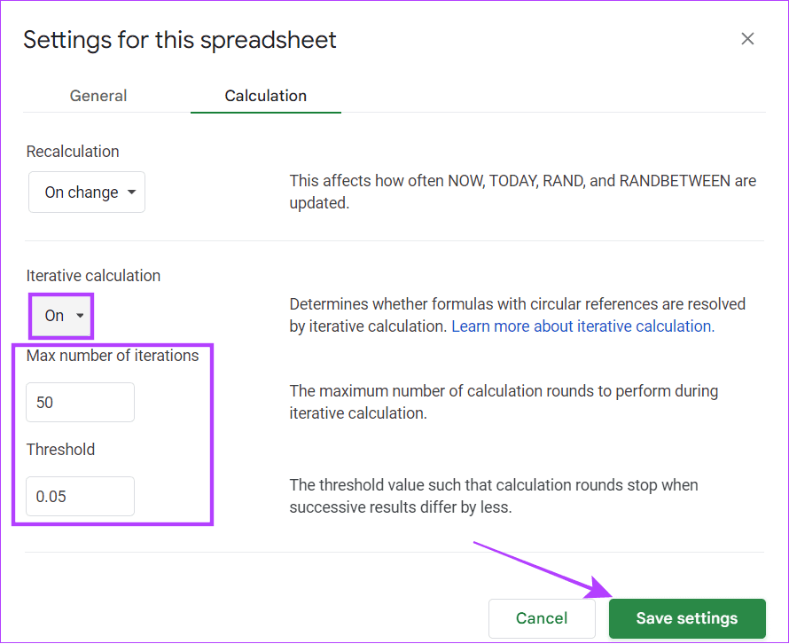 choose-on-make-necessarry-iteations-and-click-save-settings استكشاف أخطاء تحليل الصيغة في Google Sheets وإصلاحها